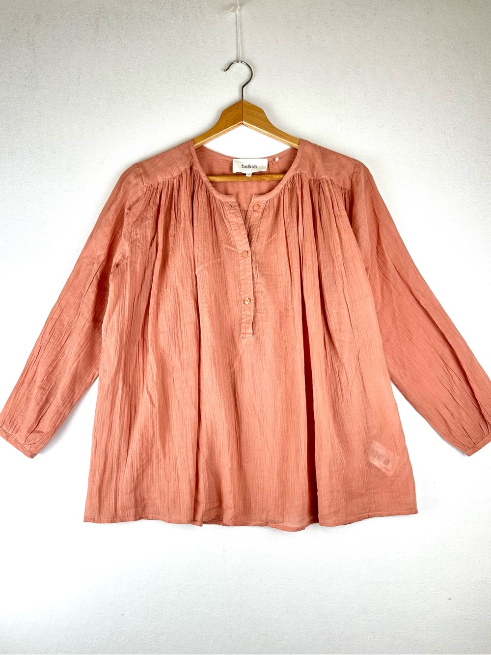 ba&sh Eddy Shirt Gathered Round Neck Button Placket Blush